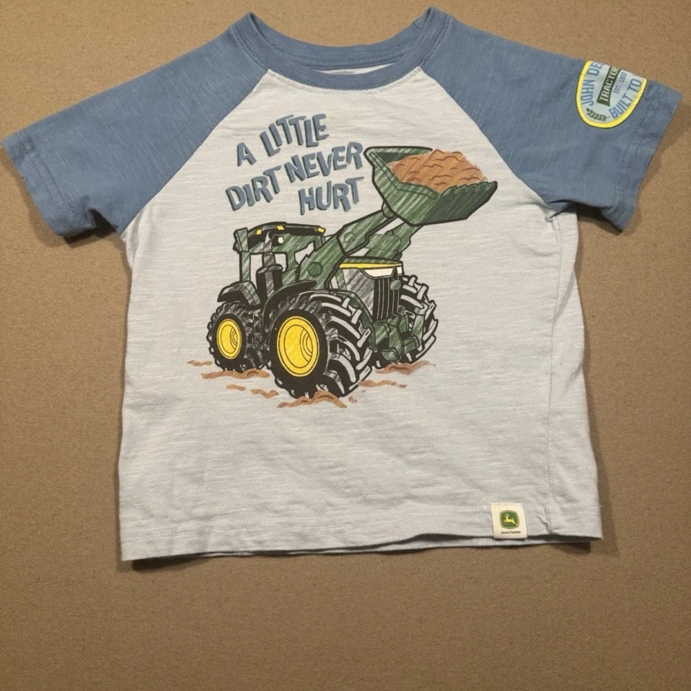 John Deere Green Tractor Tee with Blue Sleeves 2t